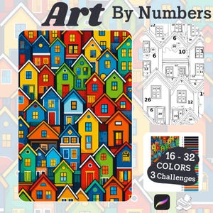 May include: A colorful "Art By Numbers" kit featuring a vibrant illustration of houses in various colors. The kit includes a numbered outline for painting, a color palette with 16-32 colors, and three challenges.