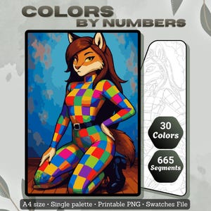 Puede incluir: Una impresión de arte digital titulada "Colors by Numbers" que presenta un zorro antropomórfico colorido con un mono a cuadros. La imagen incluye texto que indica 30 colores y 665 segmentos, con un tamaño A4 y formato PNG imprimible.