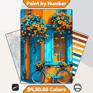 May include: A paint-by-number kit showing a colourful illustration of a building with a blue door and window, decorated with orange flowers. A blue bicycle with flower baskets is parked in front. The kit includes 24, 30, or 60 colours.