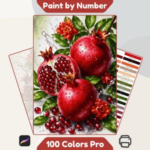 Peut inclure: Un kit de peinture par numéros illustrant des grenades avec des gouttes d'eau, des feuilles vertes et des fleurs rouges. L'ensemble comprend un guide de palette de couleurs avec des échantillons numérotés et une toile, marquée 100 Colors Pro.