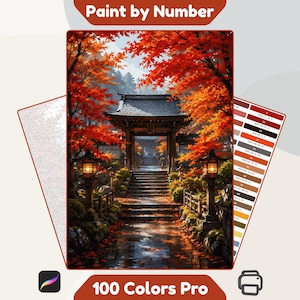 Peut inclure: Un kit de peinture par numéros représentant une porte de temple japonais entourée d'érables rouges d'automne, de lanternes en pierre et d'un escalier. L'ensemble inclut un guide de couleurs numéroté, une toile et le texte Paint by Number 100 Colors Pro.