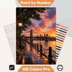 May include: A paint by number kit featuring a sunset city skyline with a bridge, a lamppost, and a waterfront walkway. The set includes a numbered canvas, a color palette guide with 100 colors, and icons for digital and print options.