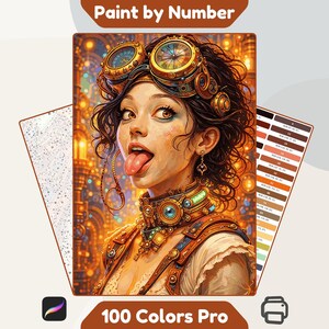 May include: A paint by number kit featuring a portrait of a person with dark hair wearing brass-colored goggles and a mechanical collar. The image includes a color palette guide with numbered swatches and the text Paint by Number 100 Colors Pro.
