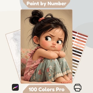 May include: A Paint by Number kit featuring a 100 Colors Pro set. The central image shows a cartoon child with dark hair in a bun, wearing a pink floral top and blue floral pants, sitting with arms crossed. Includes a colour palette strip.