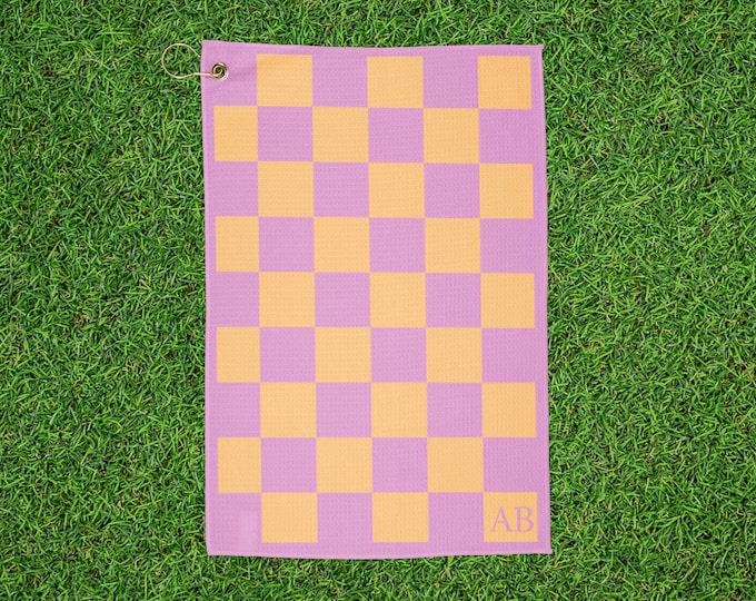 Personalized Checkered Golf Towel - Pink & Orange