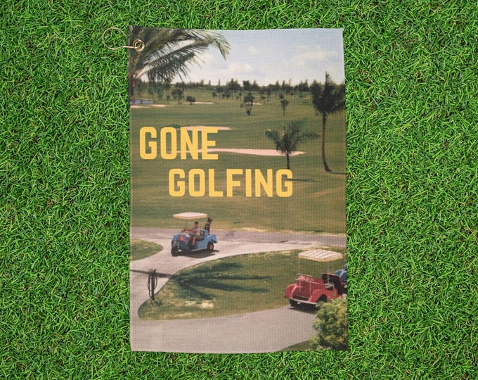Gone Golfing Vintage Course scene Golf Towel | golf cart, palm trees, retro golfer, Towel with clip