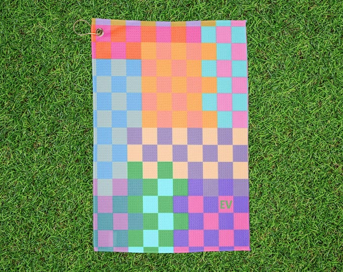 Colorful Checker Print Personalized Monogrammed Golf Towels, Sports Accessories, Golf Gifts, Outdoor Activities, Unique Towels, Summer Fun