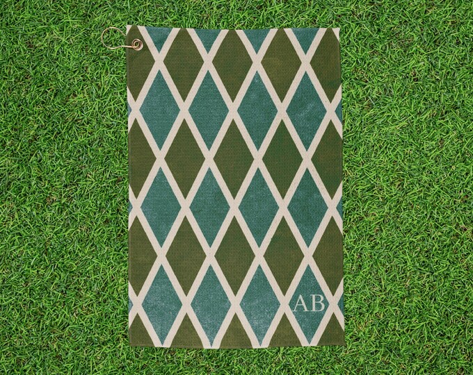 Green Teal Argyle Golf Pickleball Towel | Monogrammed