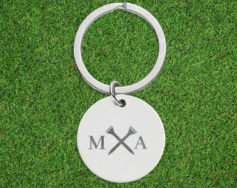 Monogram Golf Initials Keychain Stainless Steel Round Keychain | Golfer Engraved