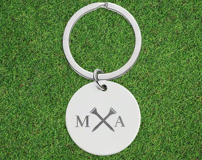 Monogram Golf Initials Keychain Stainless Steel Round Keychain | Golfer Engraved