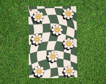 Cute Green Checkered Floral Smiley Golf Towel