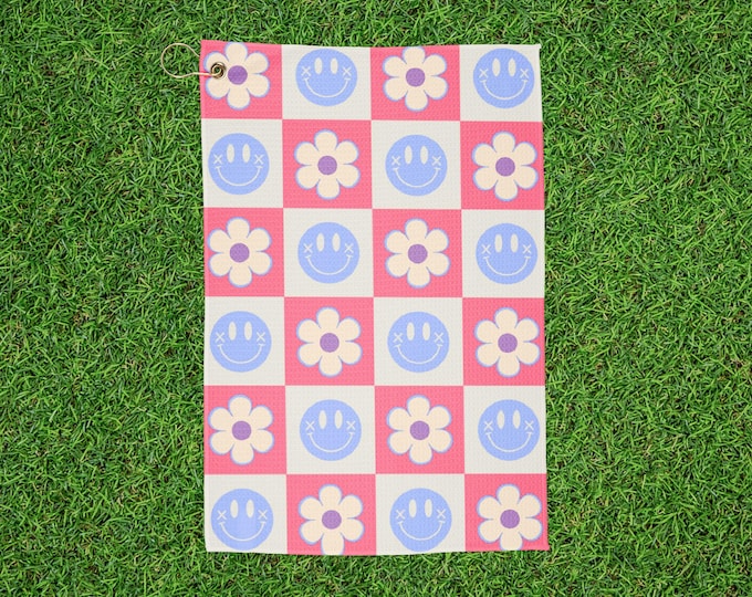 Checkered Flower Smiley Golf Towel