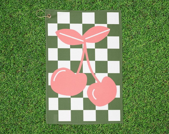 Checkered Cherry Print Golf Towel - Green & Pink