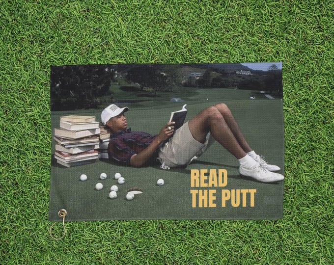 Read the Putt Tiger Woods Vintage Retro golf towel | Golfer graphic towel with balls and clubs, Towel with clip