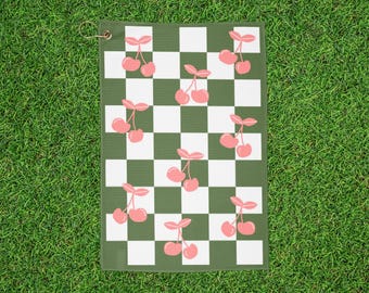 Checkered Cherry Print Golf Towel - Green & Pink