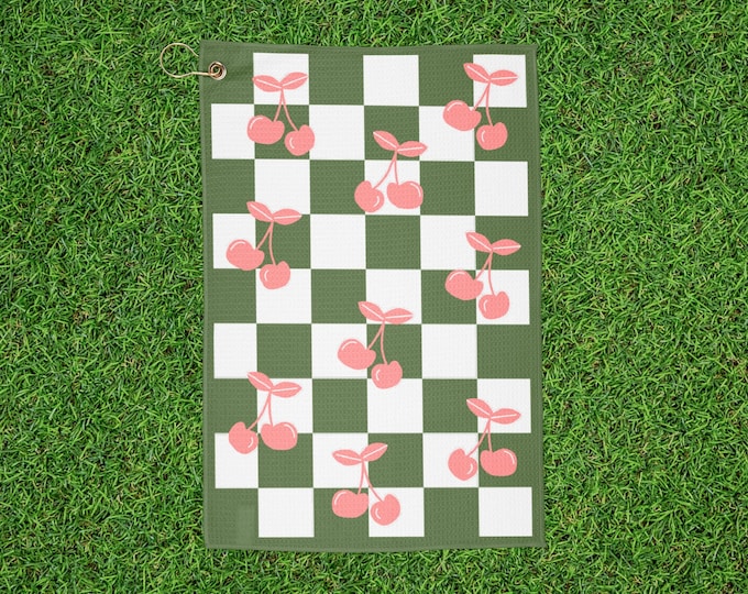 Checkered Cherry Print Golf Towel - Green & Pink