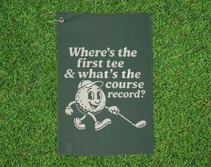 "Where's the first tee, and what's the course record?" Retro Cartoon Golf Towel - OB Green
