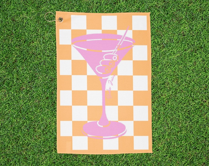 Checkered Martini "Birdie Juice" Golf Towel - Orange & Pink