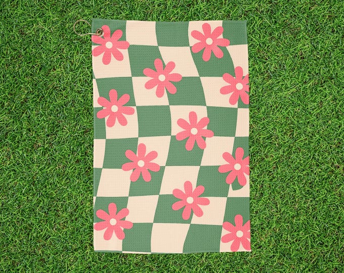 Floral Checkered Golf Towel - Green & Pink