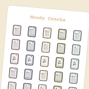 May include: A sheet of stickers featuring small rectangular designs with text. The stickers include the words "Chapter 1", "The End", and the letter "A". The stickers are in various pastel colors, including pink, purple, and green.