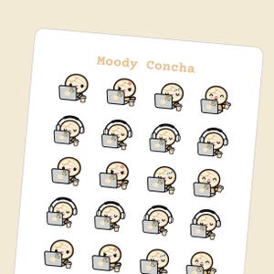 May include: Sheet of stickers featuring a cartoon character with various expressions, working on a laptop and holding a coffee cup. The stickers are labeled "Moody Concha". The character is depicted with headphones in some stickers.