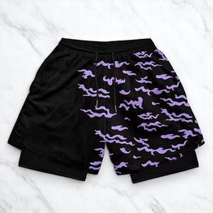 Men’s Anime Gym Shorts – 2-in-1 Manga Print Workout Shorts, Compression Liner, Quick-Dry, Stretchy Fitness & Running Shorts for Summer