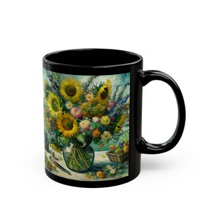 Vintage Floral Black Mug - Sunflower Art Coffee Cup, Gift for Garden Lovers, Home Decor, Tea Mug, Flower Art