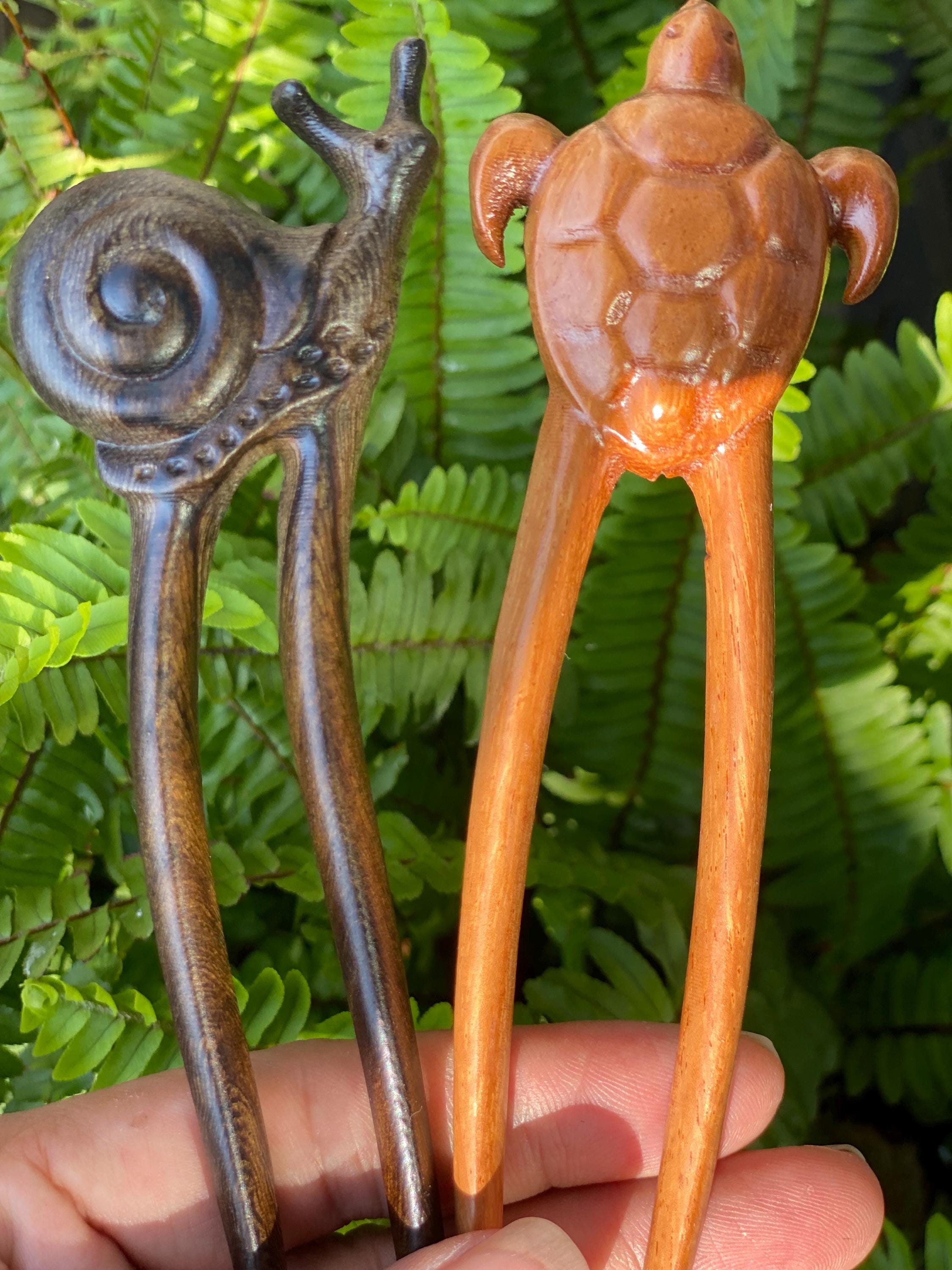 Hand-carved Wooden Turtle & Snail Hair Stick Set - Etsy Canada display picture 1