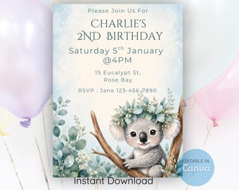 Koala Birthday Invitation, Editable Canva Template, Australian Animal Party, Cute Koala Kids Birthday, Printable Digital Invite