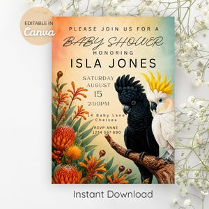 May include: A rectangular baby shower invitation card featuring a watercolor gradient background in orange and teal. The design includes illustrations of orange protea flowers and two cockatoos, one black and one white, perched on a branch.