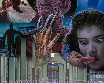 May include: A horror-themed artwork featuring a nightmarish figure with a hat and bladed glove, a terrified woman, and a hallway scene. The artwork includes the text "Aaronstockwellart.com".