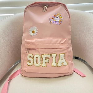 Sac à dos en nylon avec nom personnalisé, cartable personnalisé avec écusson en chenille, cadeau d'anniversaire pour enfant