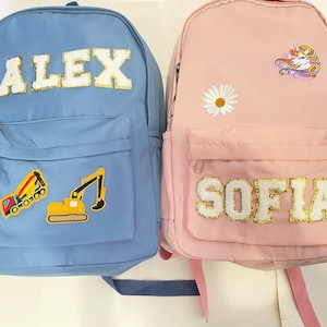 Sac à dos personnalisé, sac d'école personnalisé avec écusson, cadeau d'anniversaire pour enfant, cadeau de rentrée scolaire pour enfant, sac à dos bleu rose