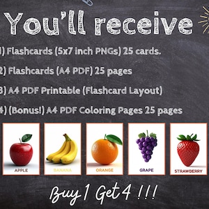 Flashcards 3D de fruits pour enfants – 25 fruits réalistes + pages à colorier | Kit éducatif imprimable