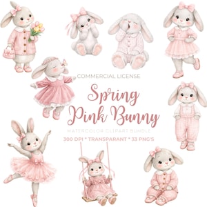 Op de afbeelding: Watercolor clipart bundel met schattige roze konijn illustraties. De konijnen worden afgebeeld in verschillende poses, gekleed in jurken, pyjama's en strikken. De tekst "Spring Pink Bunny" is ook inbegrepen.