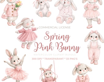 May include: Watercolor clipart bundle featuring adorable pink bunny illustrations. The bunnies are depicted in various poses, wearing dresses, pajamas, and bows. The text "Spring Pink Bunny" is also included in the image.