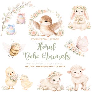 Op de afbeelding: Watercolor clipart bundel met verschillende bloemen boho dieren. Bevat een vogel, konijn, bij, vlinder, kuikens en lam. De tekst "Floral Boho Animals" wordt weergegeven in een decoratief lettertype.