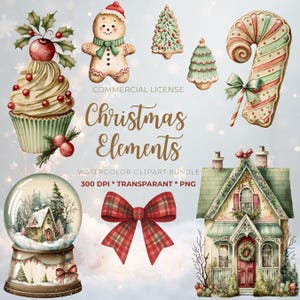 Op de afbeelding: Waterverf kerstelementen, waaronder een peperkoekmannetje, kerstbomen, een zuurstok, een sneeuwbol, een rode geruite strik, een cupcake en een huis. De tekst "Christmas Elements" wordt weergegeven.