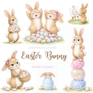 Pode incluir: Pacote de cliparts em aquarela com adoráveis coelhinhos da Páscoa e ovos em tons pastel. A imagem inclui coelhos segurando ovos, em pé sobre ovos e pintando um ovo. O texto "Easter Bunny" também está presente.