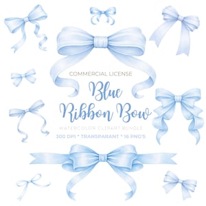 May include: A set of light blue watercolour ribbon bows in different designs. The image features bows with long, flowing ribbons, small bows, and a large central bow. Text reads "Blue Ribbon Bow" and "Watercolor Clipart Bundle".