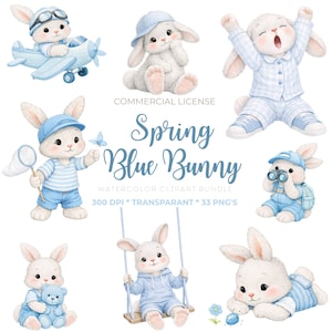 Op de afbeelding: Watercolor clipart bundel met schattige witte konijntjes in verschillende poses en outfits. De konijntjes zijn afgebeeld met blauwe accenten, waaronder kleding en accessoires. De tekst "Spring Blue Bunny" is ook inbegrepen.