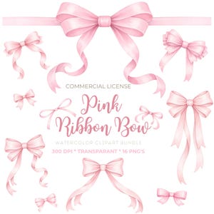 May include: A set of watercolour pink ribbon bows in different sizes and styles. The image includes the text "Pink Ribbon Bow" and "Watercolor Clipart Bundle". The bows are a soft, pastel pink, with flowing ribbons and delicate details.