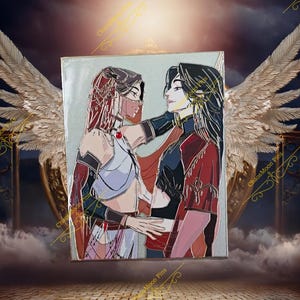 May include: A rectangular enamel pin featuring an illustration of two figures facing each other. One figure wears a white top with a red gem, while the other wears a dark red and black outfit. Both have long dark hair and detailed accessories.