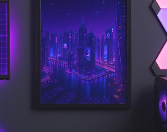 Arte murale Cyberpunk Dubai - Download digitale 8,5x11, Skyline futuristico di Marina, Stampa di città al neon, Decorazione da gamer