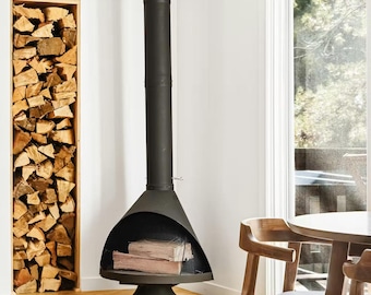 34" Matte Black Vintage Mid-Century Fireplace For Home, Freestanding living Room Wood Burning Fireplaces