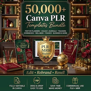 May include: A digital product bundle featuring 50,000+ Canva PLR Templates. The image displays a laptop, tablet, and smartphone showing planner designs, a gold shield with PLR + MRR Rights text, and a red notebook labeled Believe Plan Achieve.