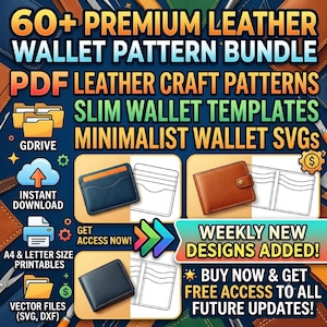 Puede incluir: Un paquete digital de más de 60 patrones de carteras de cuero en formatos PDF, SVG y DXF. Incluye plantillas para carteras delgadas, archivos SVG minimalistas y documentos imprimibles en tamaño A4 o carta con descarga instantánea.
