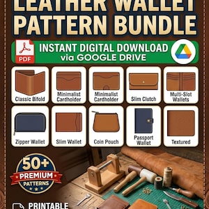 Op de afbeelding: Een digitaal pakket met 50+ patronen voor lederen portemonnees met de tekst ULTIMATE LEATHER WALLET PATTERN BUNDLE, INSTANT DIGITAL DOWNLOAD en 50+ PREMIUM PATTERNS. De afbeelding toont diverse portemonneeontwerpen en lederbewerkingsgereedschap.