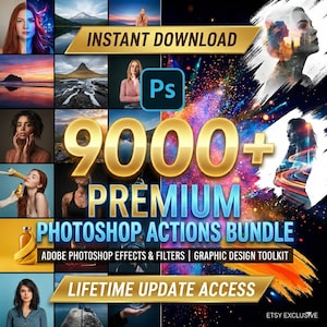 Może przedstawiać: Grafika promocyjna dla pakietu akcji Photoshopa. Obraz zawiera kolaż zdjęć, logo Adobe Photoshop oraz tekst "9000+ PREMIUM PHOTOSHOP ACTIONS BUNDLE" i "LIFETIME UPDATE ACCESS". Widoczne są również słowa "INSTANT DOWNLOAD".