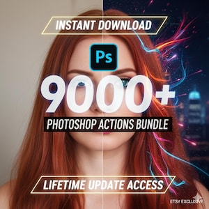 May include: Digital graphic featuring a woman with red hair, overlaid with text. The text includes "INSTANT DOWNLOAD," "Ps," "9000+ PHOTOSHOP ACTIONS BUNDLE," and "LIFETIME UPDATE ACCESS." The background is split, with one side a portrait and the other a cityscape.